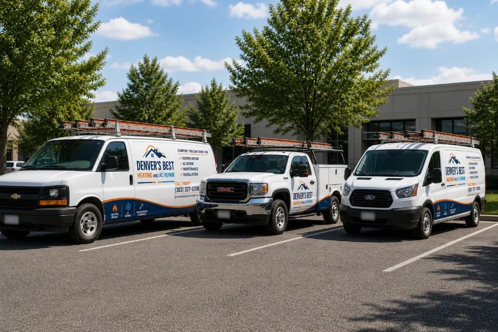 Denver's Best HVAC service fleet parked in Denver